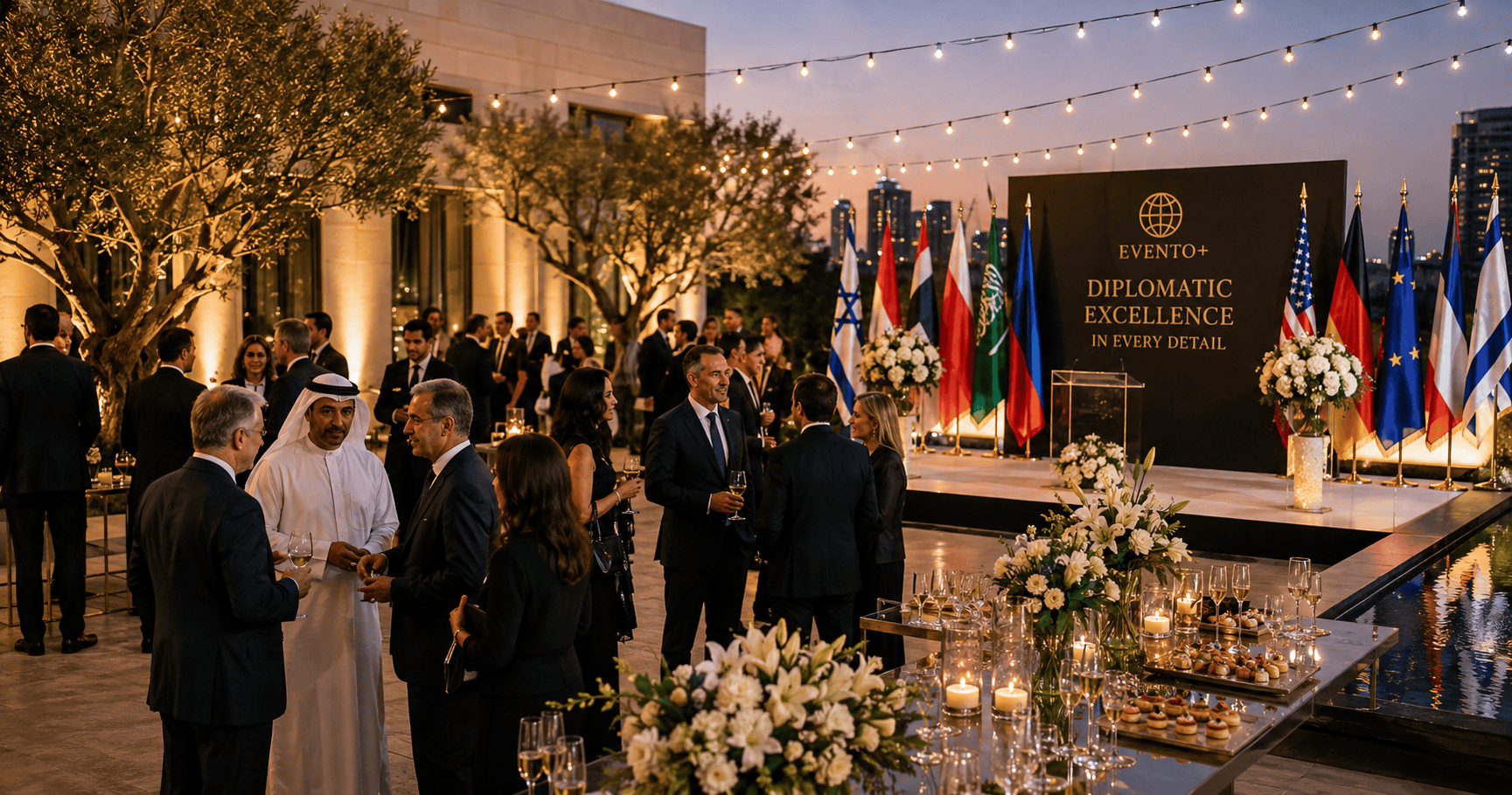 Luxury diplomatic event in Israel with VIP reception, multilingual staff and international guests